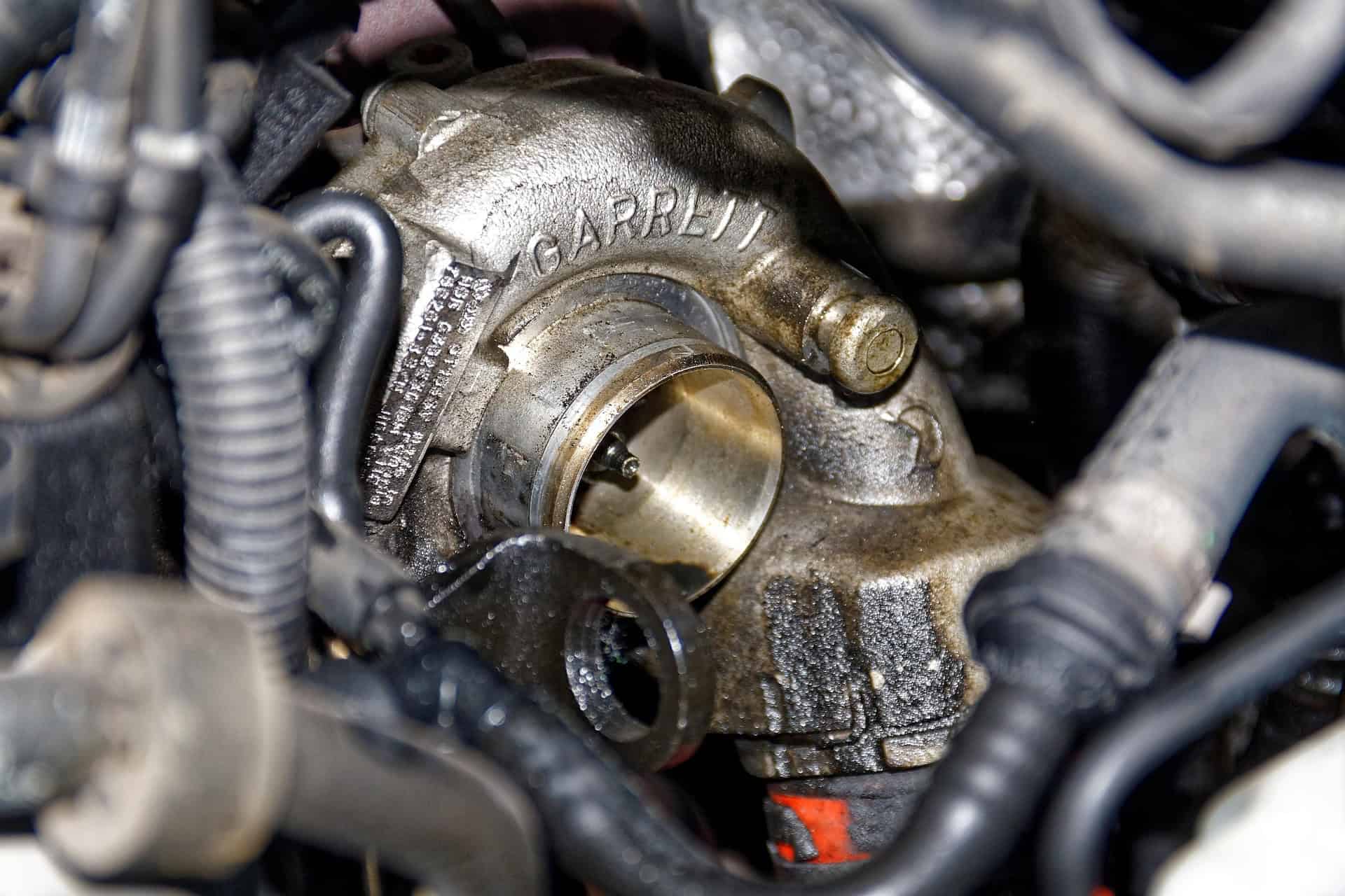 Close-up of Garrett turbocharger in car engine